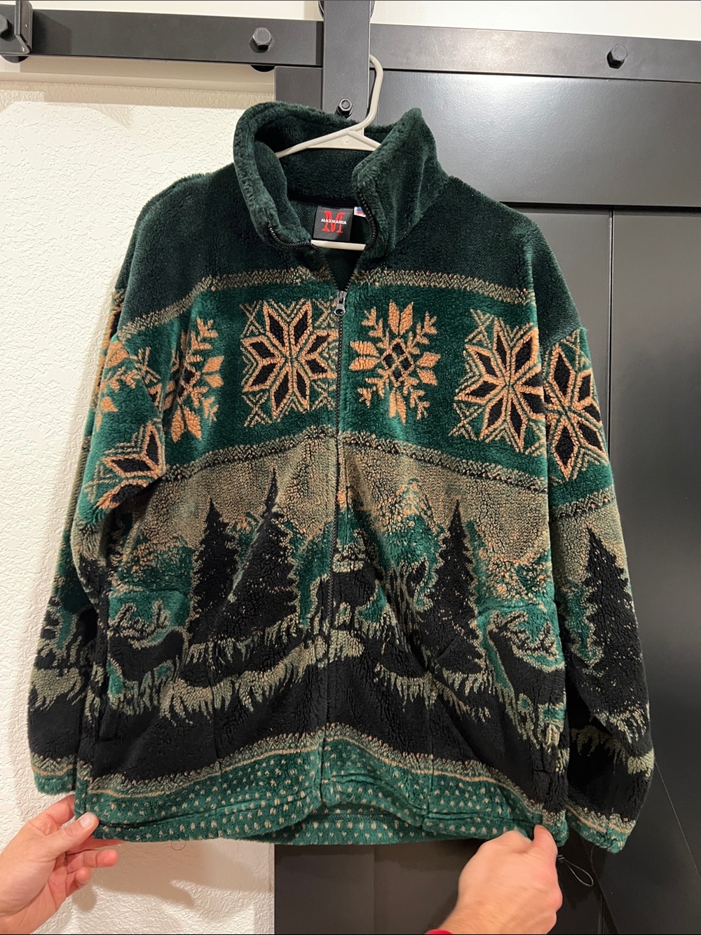 Men's Dark Green Patterned Full-Zip Fleece Jacket